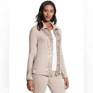 Chico’s Zenergy Women’s 2 Lg Beige Sequined Zip Up Jacket Side Ruched Athletic